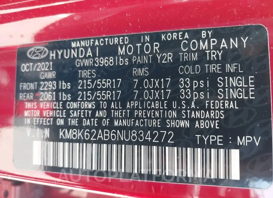 HYUNDAI KONA 2022 vin KM8K62AB6NU834272 from auto auction Iaai