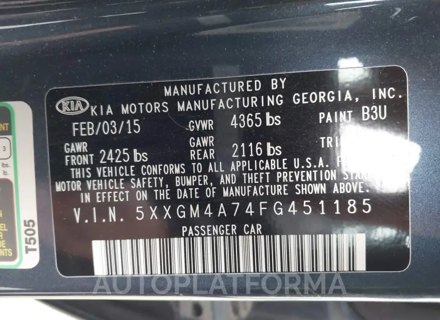 KIA OPTIMA 2015 vin 5XXGM4A74FG451185 from auto auction Iaai