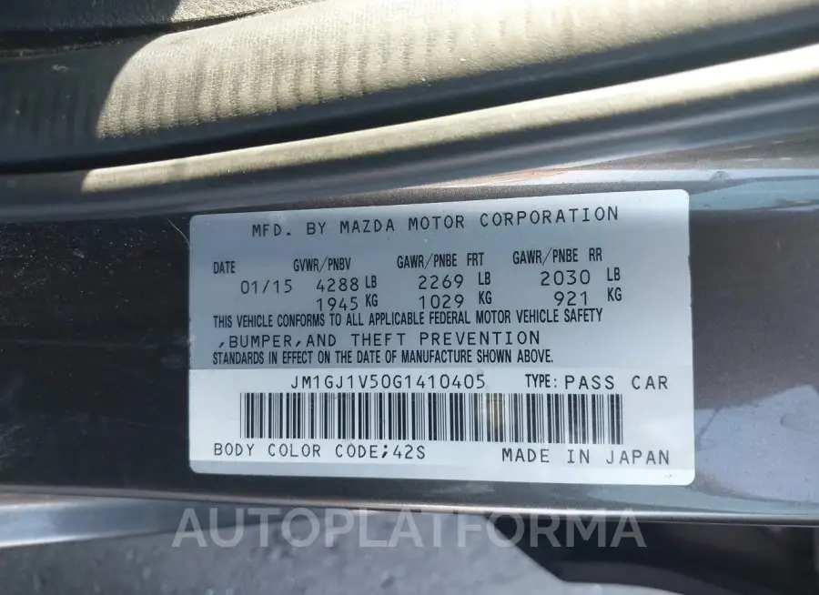 MAZDA MAZDA6 2016 vin JM1GJ1V50G1410405 from auto auction Iaai