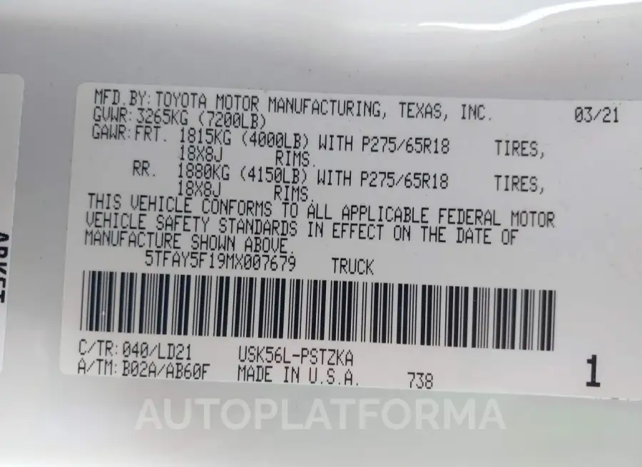 TOYOTA TUNDRA 2021 vin 5TFAY5F19MX007679 from auto auction Iaai