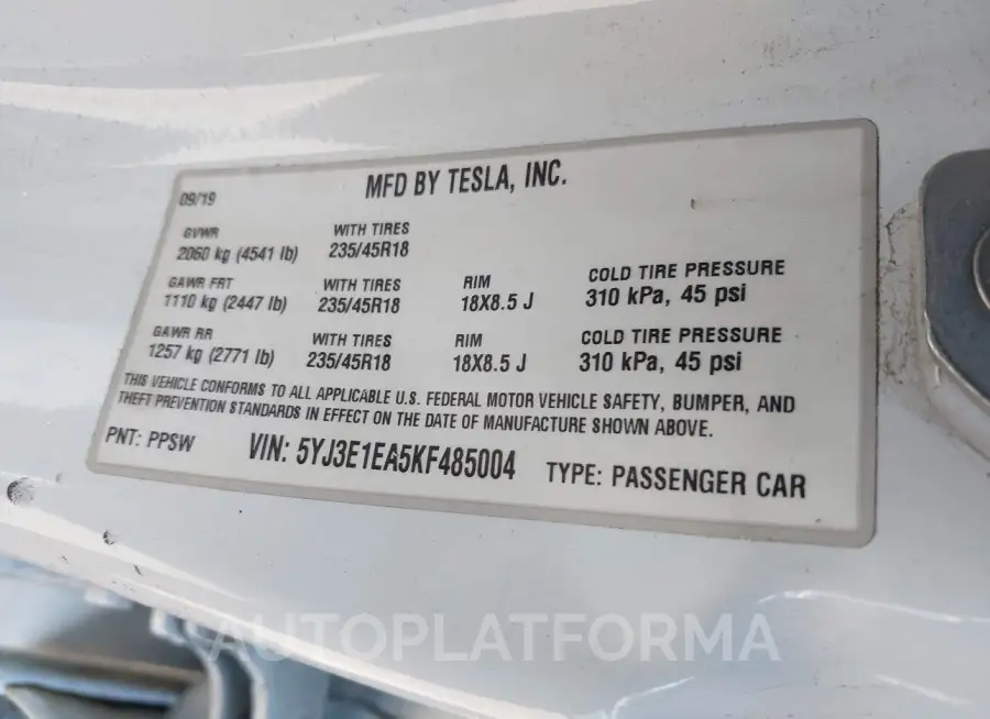 TESLA MODEL 3 2019 vin 5YJ3E1EA5KF485004 from auto auction Iaai