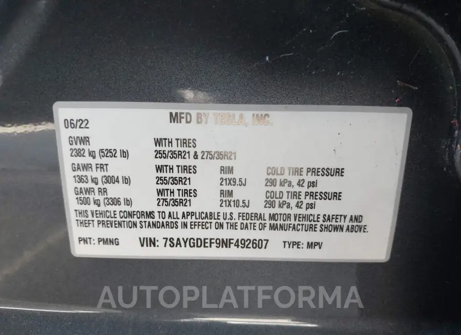 TESLA MODEL Y 2022 vin 7SAYGDEF9NF492607 from auto auction Iaai