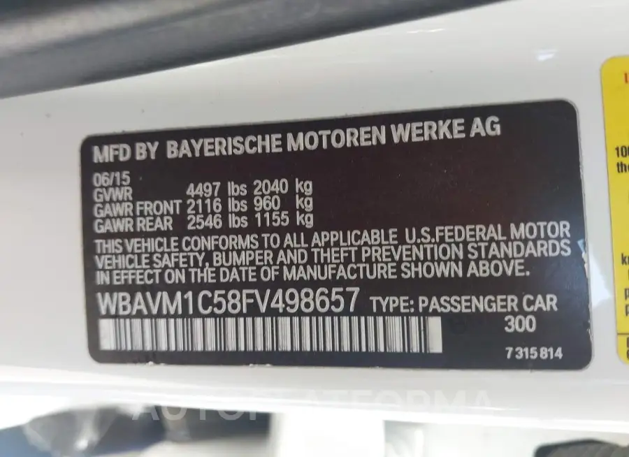 BMW X1 2015 vin WBAVM1C58FV498657 from auto auction Iaai