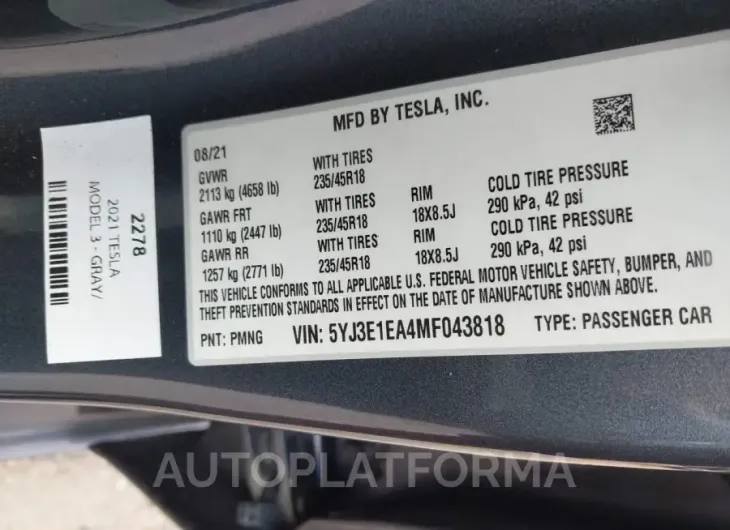 TESLA MODEL 3 2021 vin 5YJ3E1EA4MF043818 from auto auction Iaai