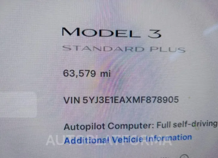 TESLA MODEL 3 2021 vin 5YJ3E1EAXMF878905 from auto auction Iaai