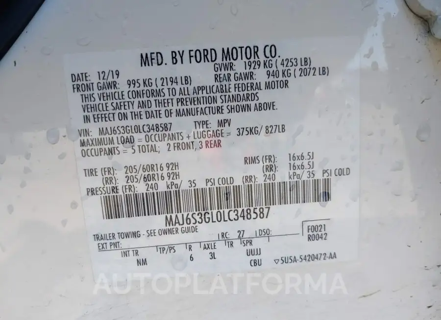 FORD ECOSPORT 2020 vin MAJ6S3GL0LC348587 from auto auction Iaai