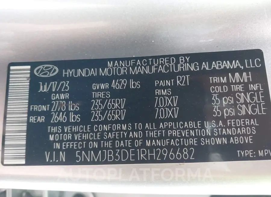 HYUNDAI TUCSON 2024 vin 5NMJB3DE1RH296682 from auto auction Iaai