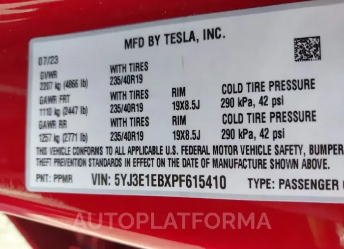 TESLA MODEL 3 2023 vin 5YJ3E1EBXPF615410 from auto auction Iaai