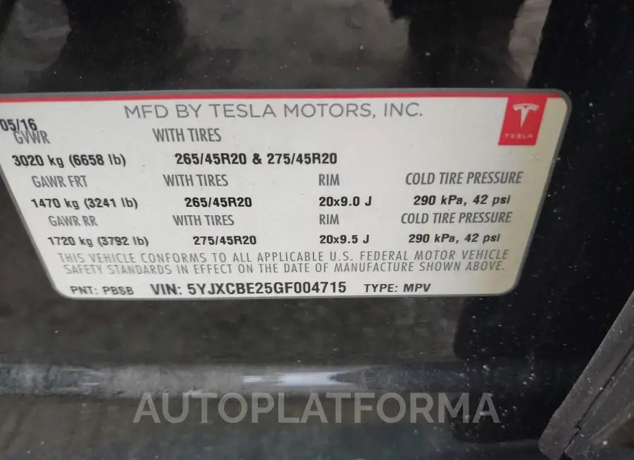 TESLA MODEL X 2016 vin 5YJXCBE25GF004715 from auto auction Iaai