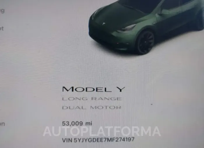 TESLA MODEL Y 2021 vin 5YJYGDEE7MF274197 from auto auction Iaai