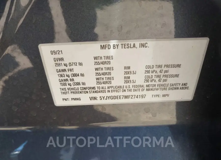 TESLA MODEL Y 2021 vin 5YJYGDEE7MF274197 from auto auction Iaai