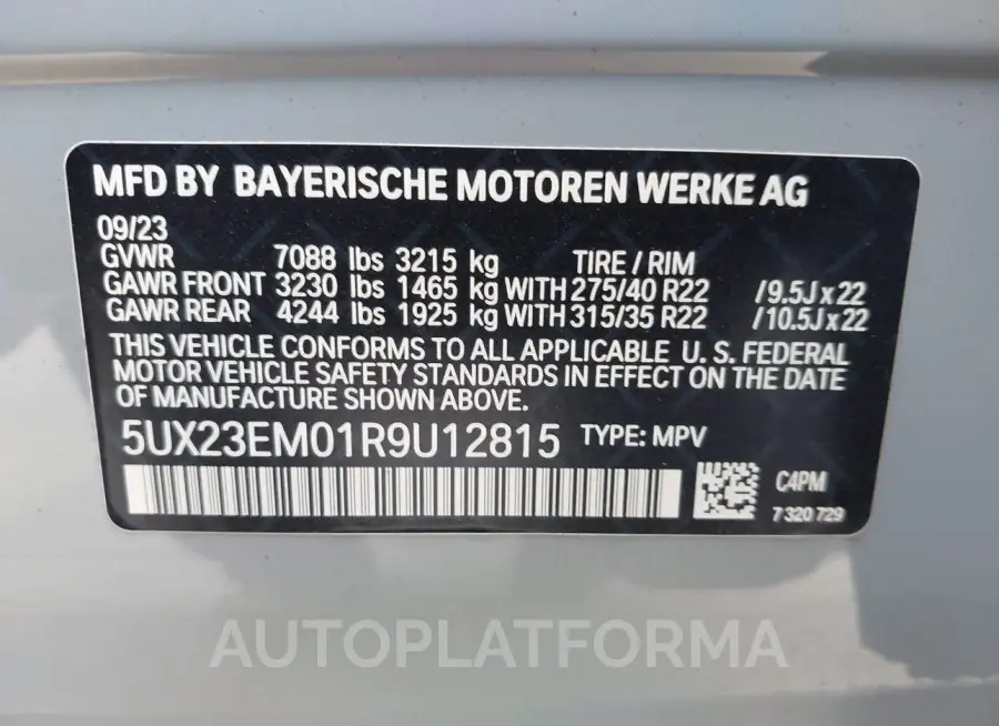 BMW X7 2024 vin 5UX23EM01R9U12815 from auto auction Iaai