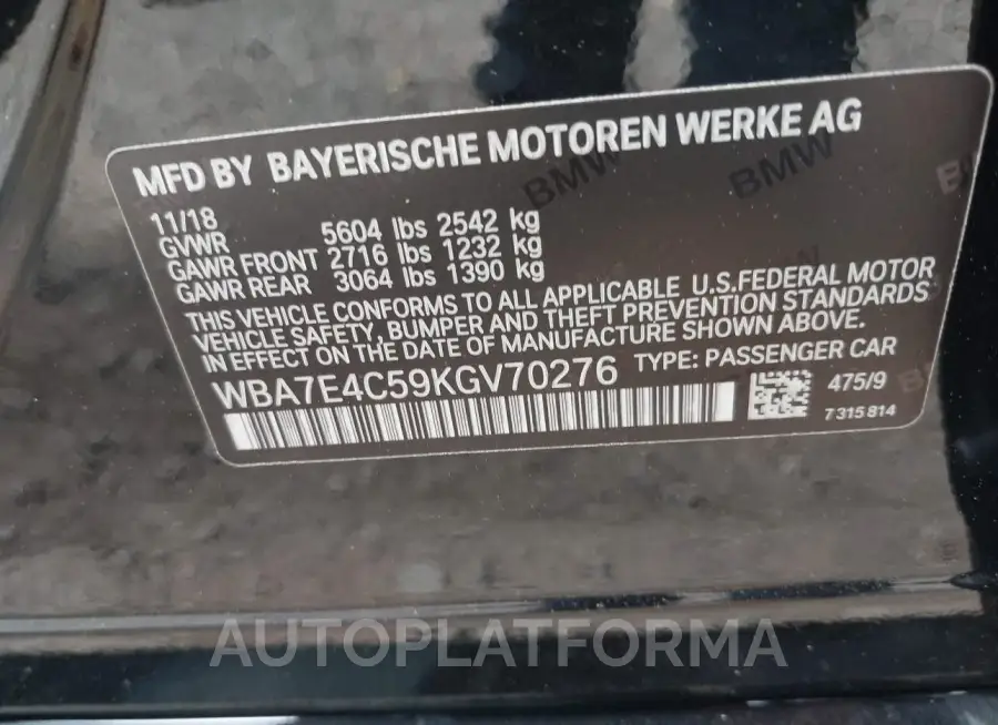 BMW 740I 2019 vin WBA7E4C59KGV70276 from auto auction Iaai