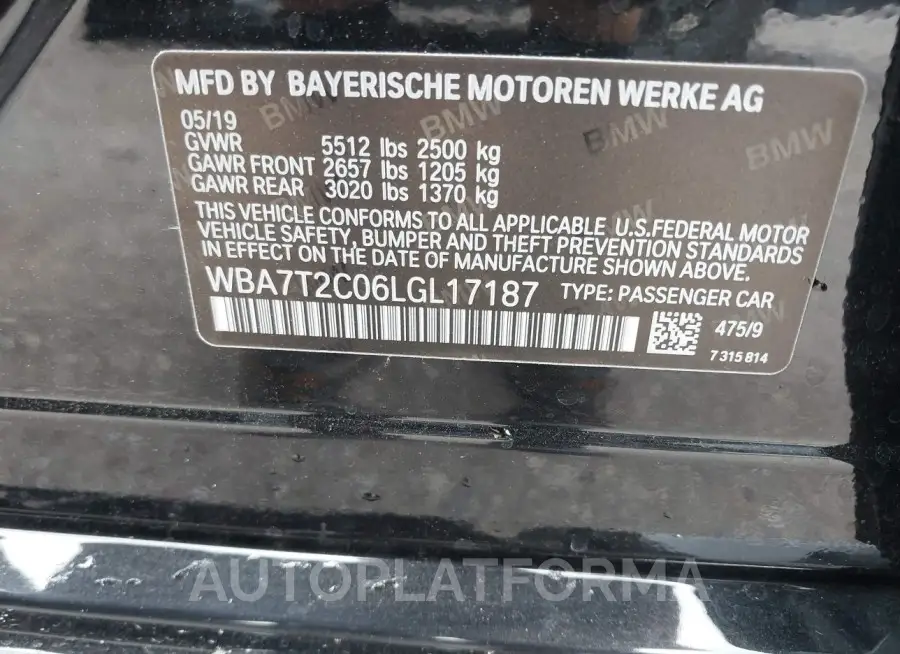 BMW 740I 2020 vin WBA7T2C06LGL17187 from auto auction Iaai