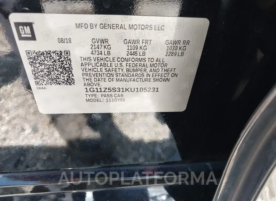 CHEVROLET IMPALA 2019 vin 1G11Z5S31KU105231 from auto auction Iaai