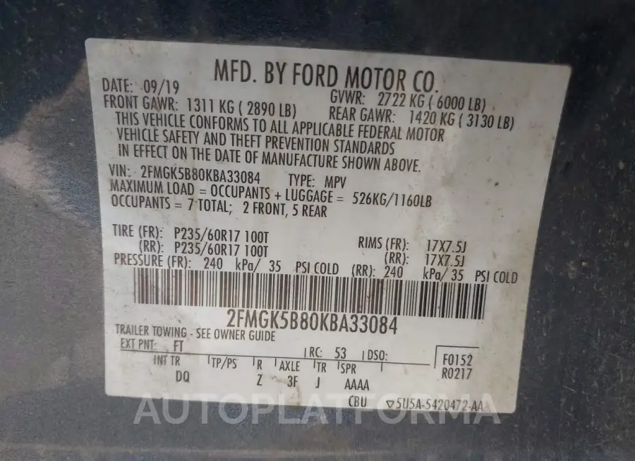 FORD FLEX 2019 vin 2FMGK5B80KBA33084 from auto auction Iaai