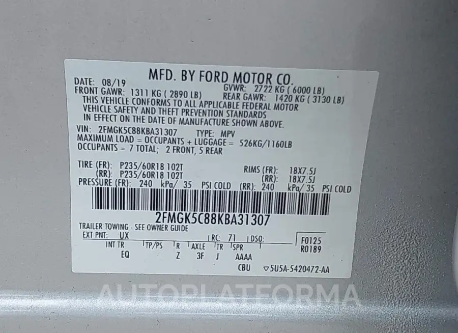 FORD FLEX 2019 vin 2FMGK5C88KBA31307 from auto auction Iaai