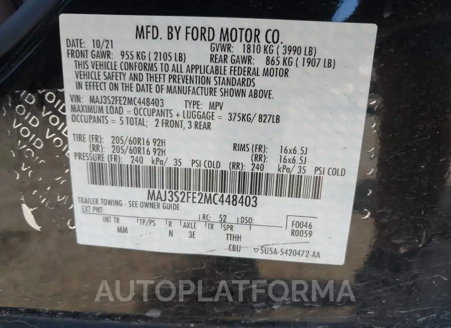 FORD ECOSPORT 2021 vin MAJ3S2FE2MC448403 from auto auction Iaai