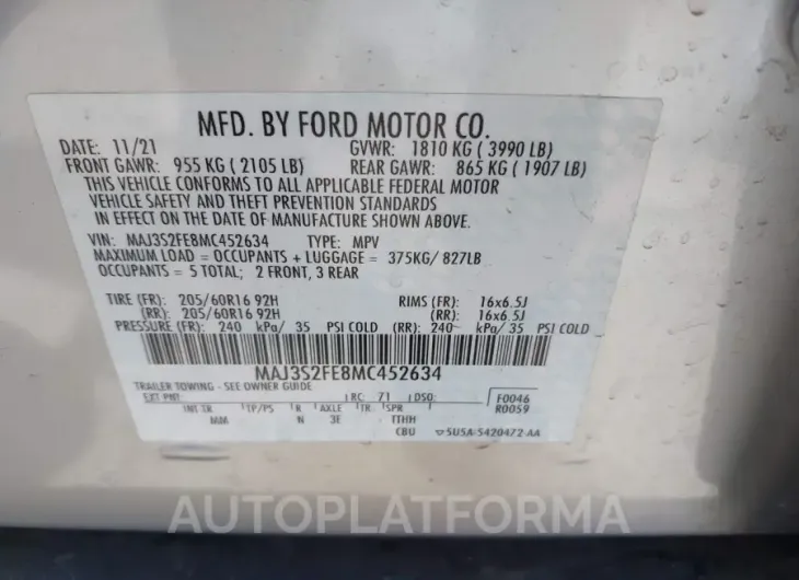 FORD ECOSPORT 2021 vin MAJ3S2FE8MC452634 from auto auction Iaai