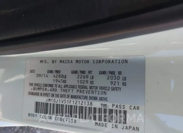 MAZDA MAZDA6 2015 vin JM1GJ1V51F1212138 from auto auction Iaai