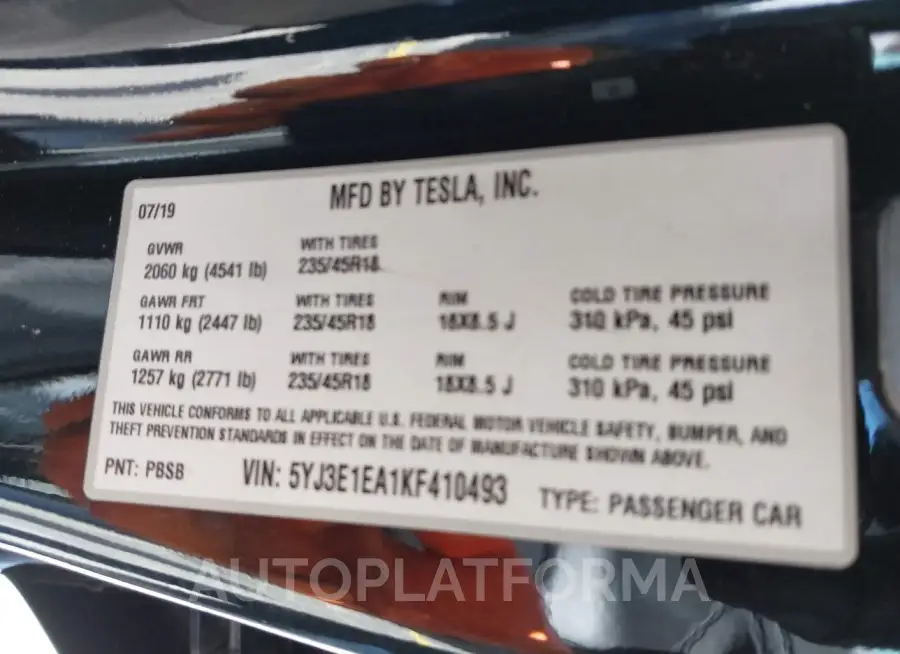 TESLA MODEL 3 2019 vin 5YJ3E1EA1KF410493 from auto auction Iaai