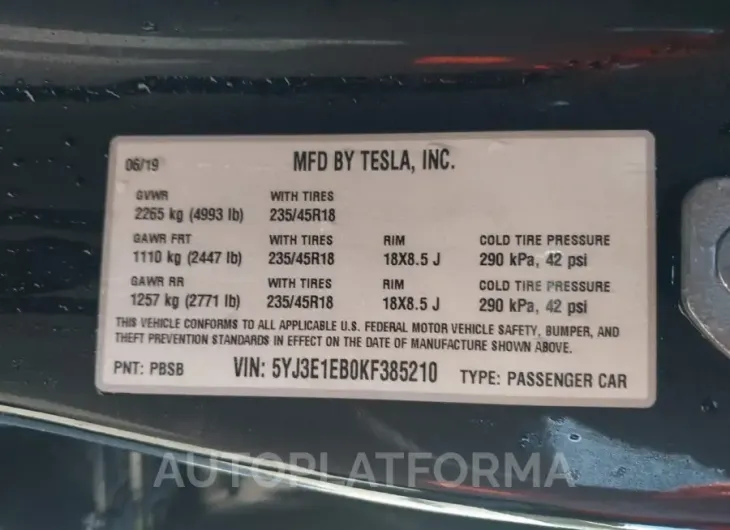 TESLA MODEL 3 2019 vin 5YJ3E1EB0KF385210 from auto auction Iaai