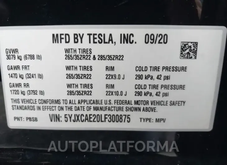 TESLA MODEL X 2020 vin 5YJXCAE20LF300875 from auto auction Iaai