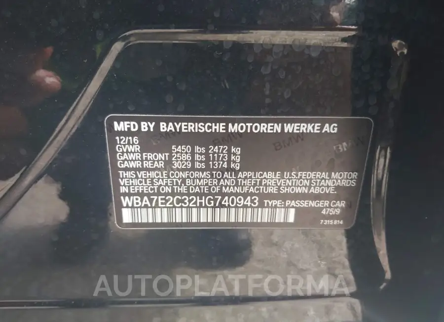 BMW 740I 2017 vin WBA7E2C32HG740943 from auto auction Iaai