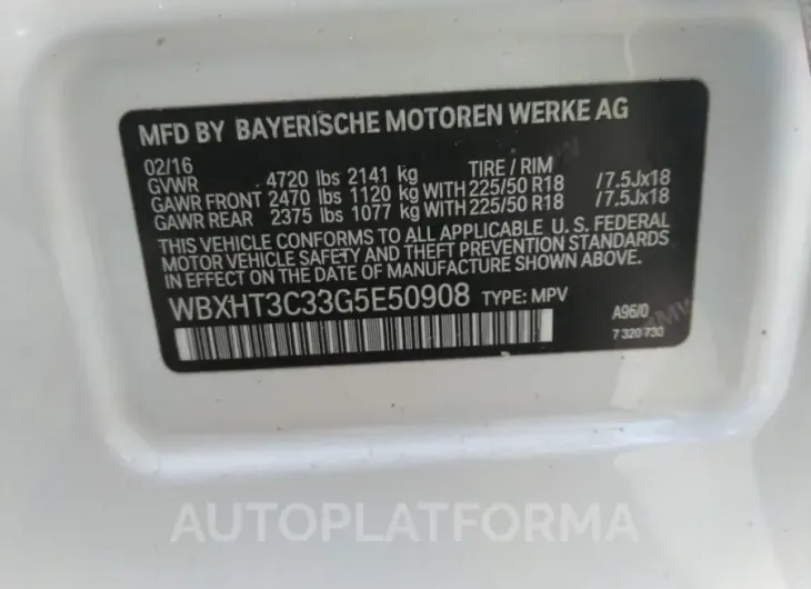 BMW X1 2016 vin WBXHT3C33G5E50908 from auto auction Iaai