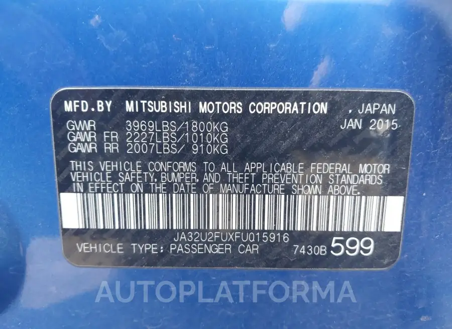 MITSUBISHI LANCER 2015 vin JA32U2FUXFU015916 from auto auction Iaai