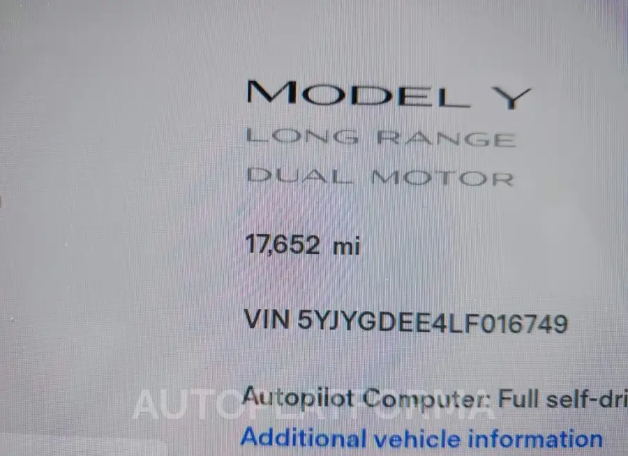 TESLA MODEL Y 2020 vin 5YJYGDEE4LF016749 from auto auction Iaai