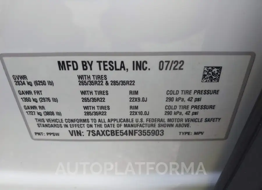 TESLA MODEL X 2022 vin 7SAXCBE54NF355903 from auto auction Iaai