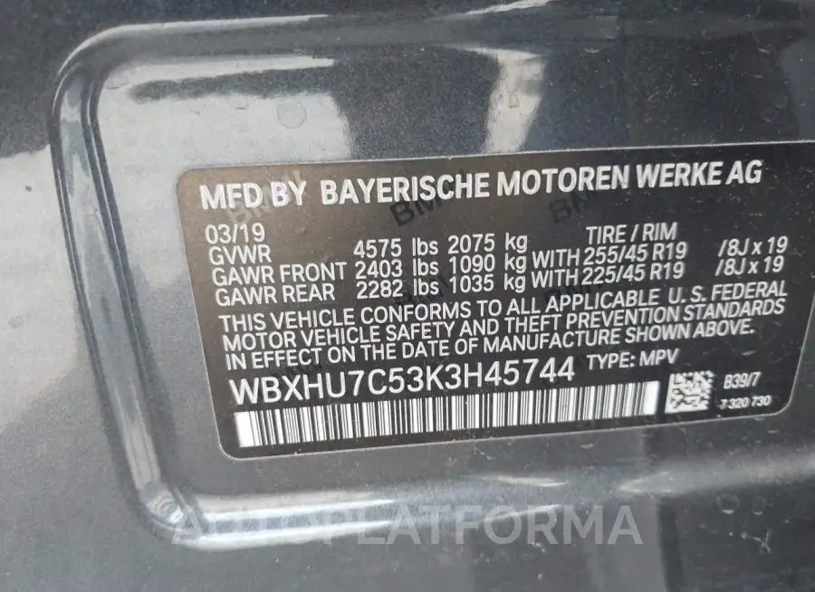 BMW X1 2019 vin WBXHU7C53K3H45744 from auto auction Iaai