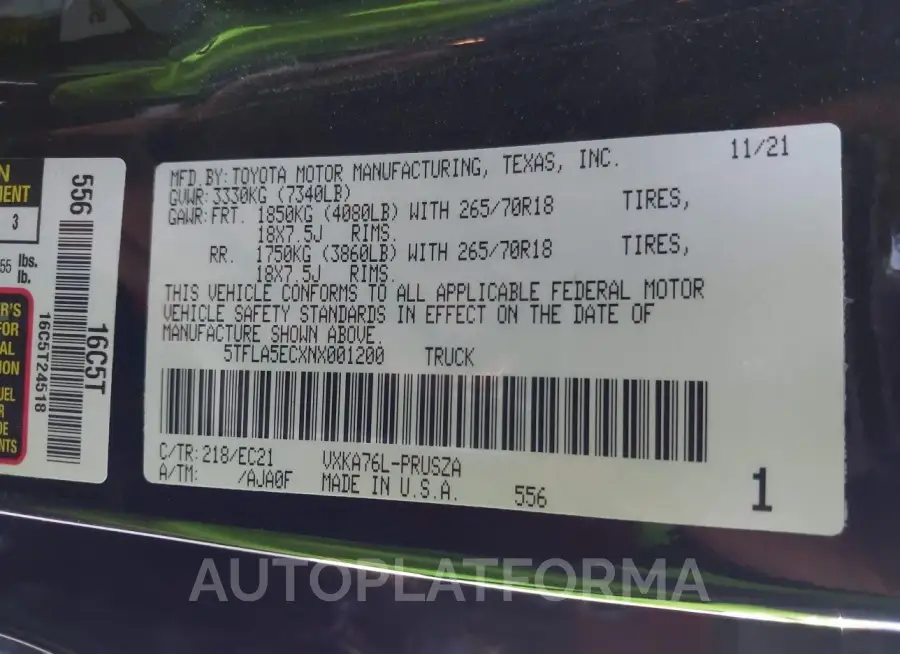 TOYOTA TUNDRA 2022 vin 5TFLA5ECXNX001200 from auto auction Iaai