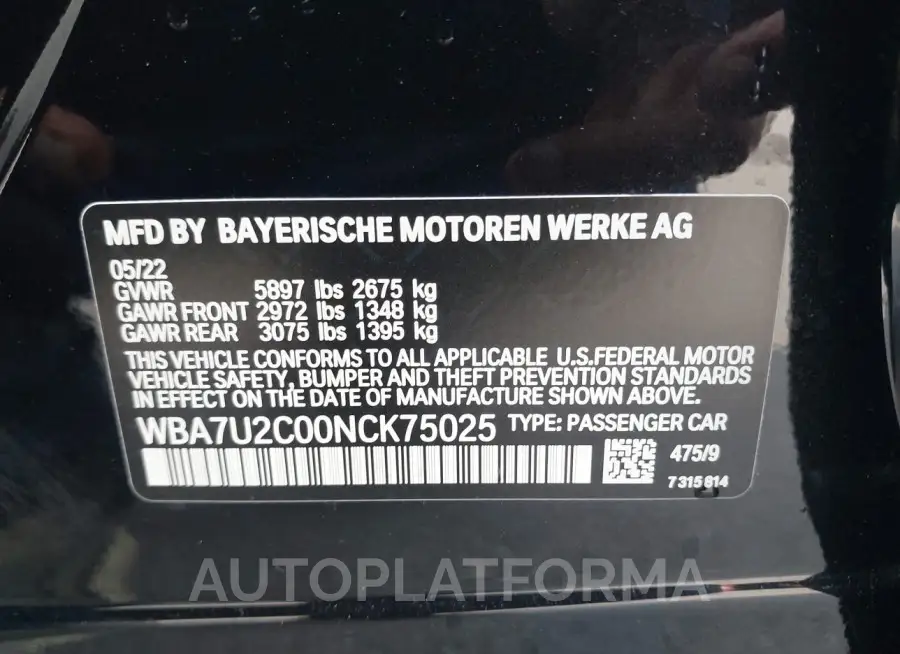 BMW 750 2022 vin WBA7U2C00NCK75025 from auto auction Iaai