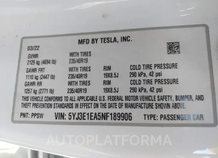 TESLA MODEL 3 2022 vin 5YJ3E1EA5NF189906 from auto auction Iaai