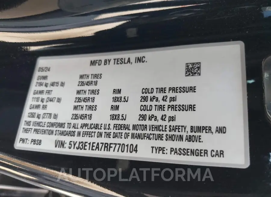 TESLA MODEL 3 2024 vin 5YJ3E1EA7RF770104 from auto auction Iaai