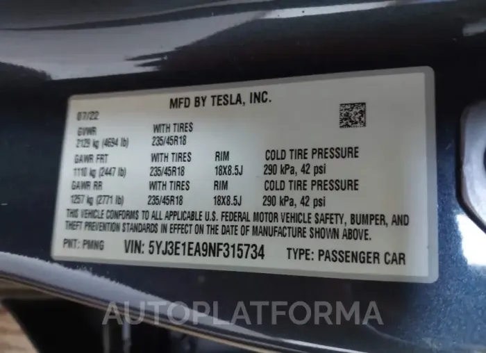 TESLA MODEL 3 2022 vin 5YJ3E1EA9NF315734 from auto auction Iaai