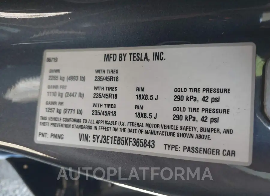 TESLA MODEL 3 2019 vin 5YJ3E1EB5KF365843 from auto auction Iaai