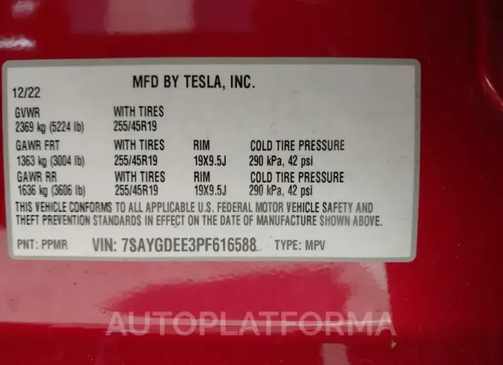 TESLA MODEL Y 2023 vin 7SAYGDEE3PF616588 from auto auction Iaai