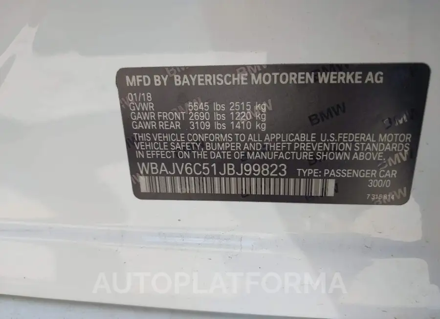 BMW 640I GRAN TURISMO 2018 vin WBAJV6C51JBJ99823 from auto auction Iaai