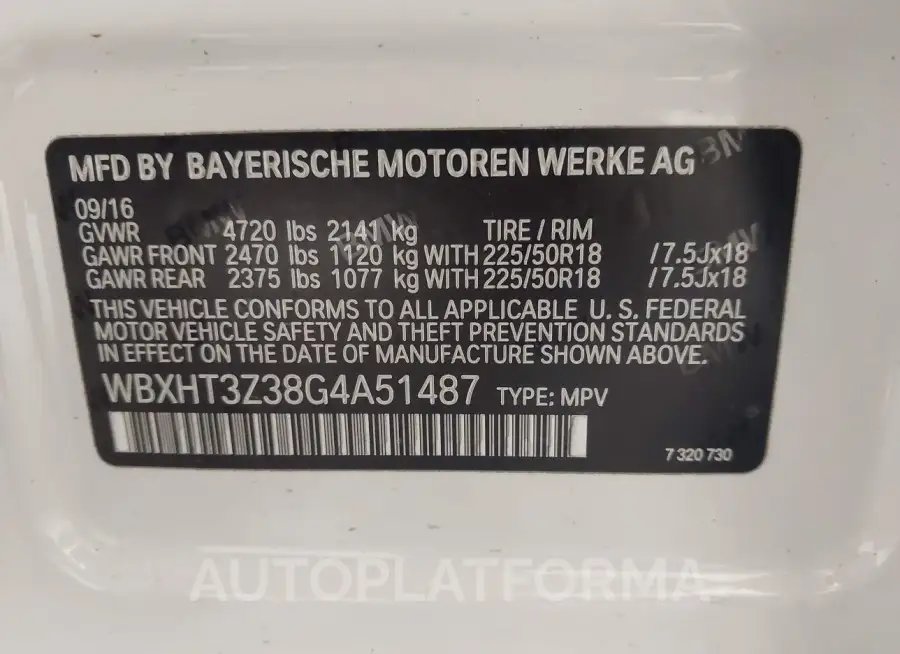 BMW X1 2016 vin WBXHT3Z38G4A51487 from auto auction Iaai