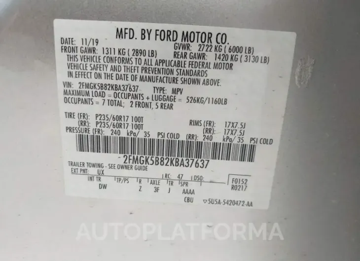 FORD FLEX 2019 vin 2FMGK5B82KBA37637 from auto auction Iaai