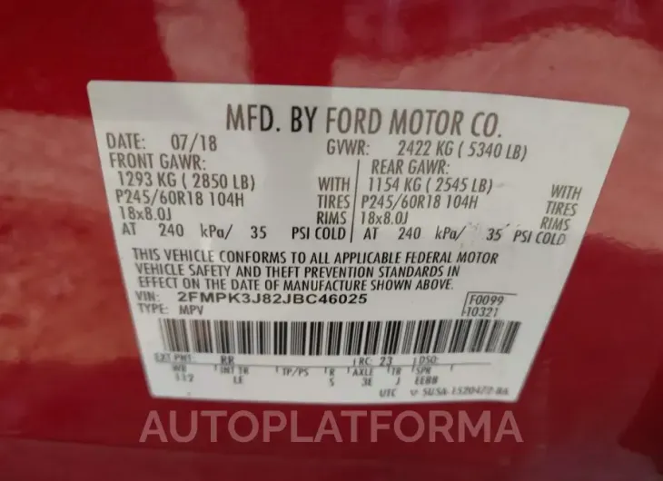 FORD EDGE 2018 vin 2FMPK3J82JBC46025 from auto auction Iaai