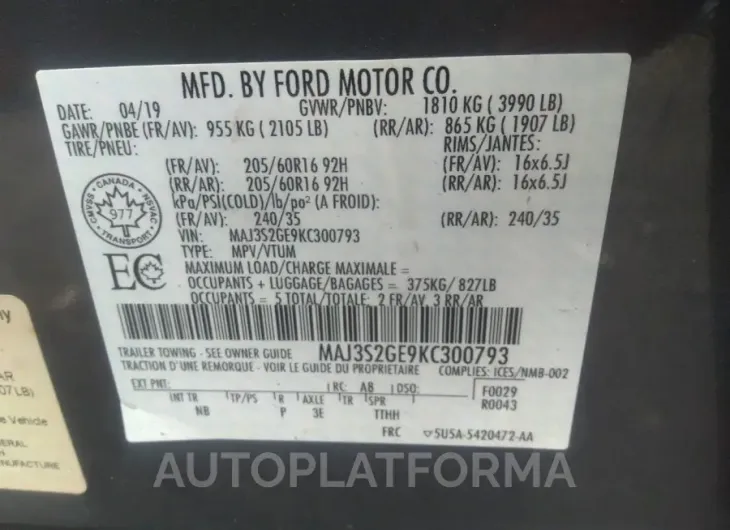 FORD ECOSPORT 2019 vin MAJ3S2GE9KC300793 from auto auction Iaai