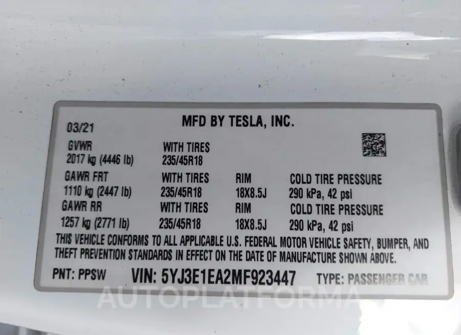 TESLA MODEL 3 2021 vin 5YJ3E1EA2MF923447 from auto auction Iaai