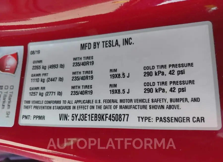 TESLA MODEL 3 2019 vin 5YJ3E1EB9KF450877 from auto auction Iaai