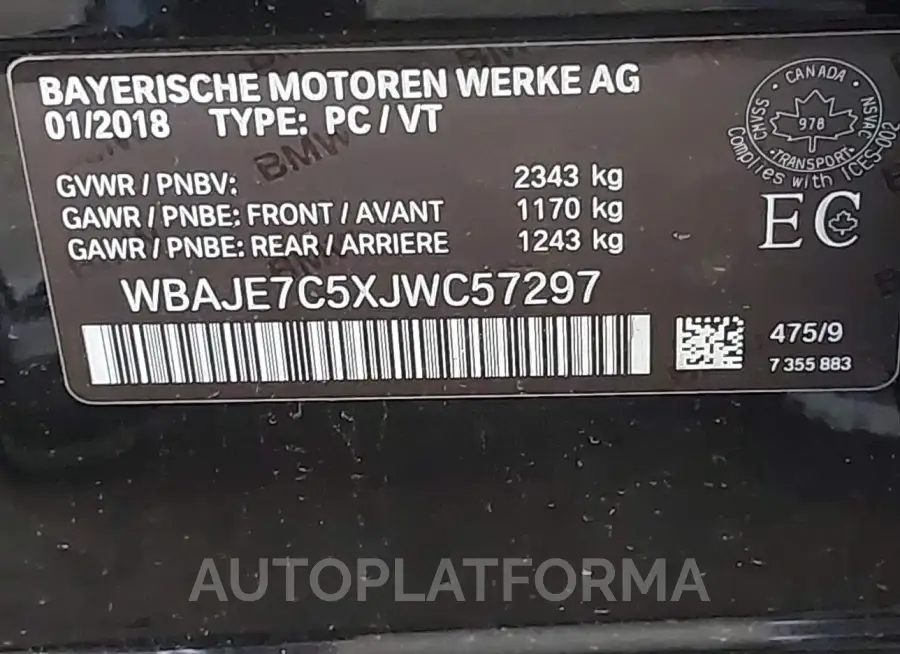 BMW 540I 2018 vin WBAJE7C5XJWC57297 from auto auction Iaai