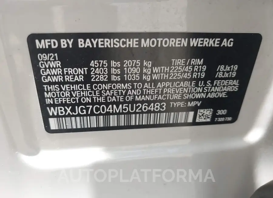 BMW X1 2021 vin WBXJG7C04M5U26483 from auto auction Iaai