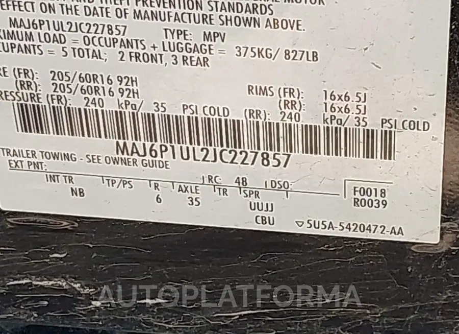 FORD ECOSPORT 2018 vin MAJ6P1UL2JC227857 from auto auction Iaai